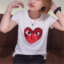 2017 Fashion Female t shirts Short Sleeve T-shirts Plus Size Eye Embroidery Heart Sequined tshirt O-neck Women Tops 72527