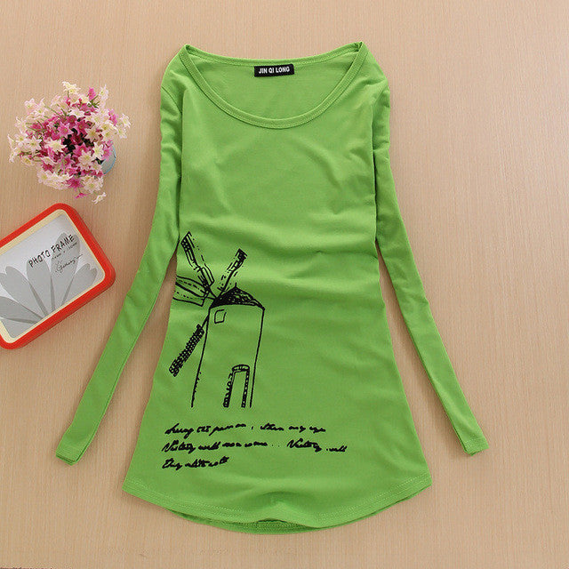 2017 Fashion Full Sleeve T-shirts Plus Size Female t shirts cycle windmill Print Top O-neck Women t shirt 72157