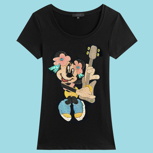 2017 Fashion New Short Sleeve Diamonds T-shirts Plus Size Female t shirts Cartoon Letter Print Top O-neck Women tshirts 72392