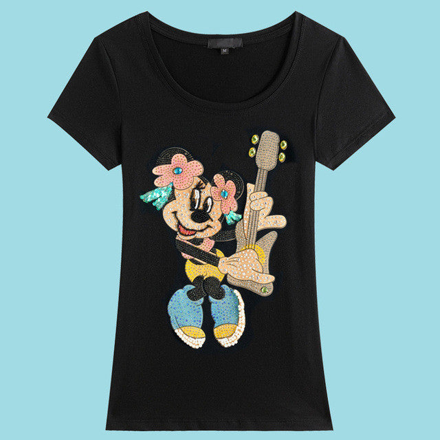 2017 Fashion New Short Sleeve Diamonds T-shirts Plus Size Female t shirts Cartoon Letter Print Top O-neck Women tshirts 72392