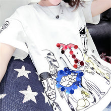 2017 Fashion New Short Sleeve Plus Size T-shirts Casual Female t shirts Funny Character Sequined Tops O-neck Women tshirts 72543