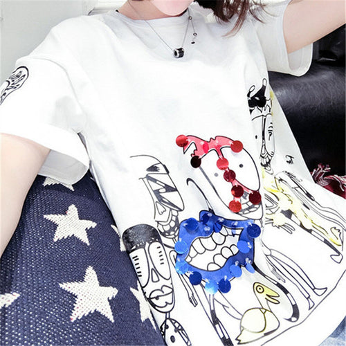 2017 Fashion New Short Sleeve Plus Size T-shirts Casual Female t shirts Funny Character Sequined Tops O-neck Women tshirts 72543
