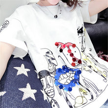2017 Fashion New Short Sleeve Plus Size T-shirts Casual Female t shirts Funny Character Sequined Tops O-neck Women tshirts 72543
