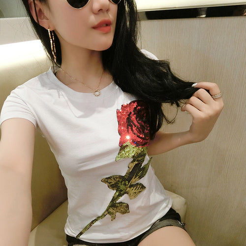 2017 Fashion New Short Sleeve S-3XL T-shirts Casual Female t shirts Slim Rose Sequined Tops O-neck Women tshirts 72539