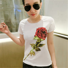 2017 Fashion New Short Sleeve S-3XL T-shirts Casual Female t shirts Slim Rose Sequined Tops O-neck Women tshirts 72539