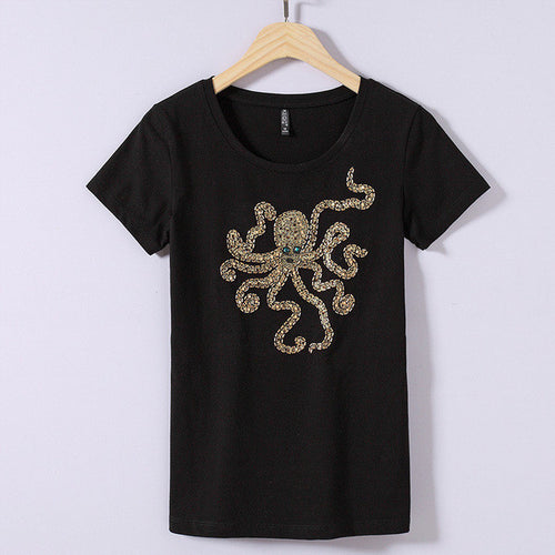 2017 Fashion New Short Sleeve T-shirts Plus Size Female t shirts Animal Letter Beading Print Top O-neck Women tshirts 72388