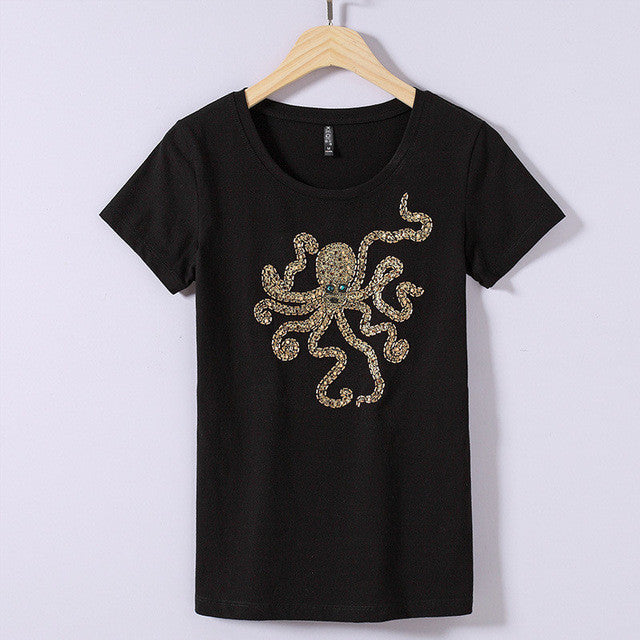 2017 Fashion New Short Sleeve T-shirts Plus Size Female t shirts Animal Letter Beading Print Top O-neck Women tshirts 72388