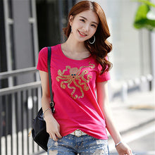 2017 Fashion New Short Sleeve T-shirts Plus Size Female t shirts Animal Letter Beading Print Top O-neck Women tshirts 72388