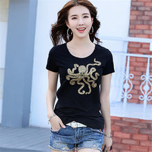 2017 Fashion New Short Sleeve T-shirts Plus Size Female t shirts Animal Letter Beading Print Top O-neck Women tshirts 72388