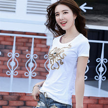 2017 Fashion New Short Sleeve T-shirts Plus Size Female t shirts Animal Letter Beading Print Top O-neck Women tshirts 72388
