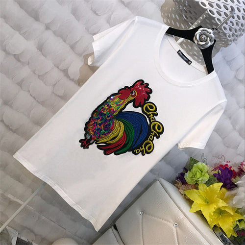 2017 Fashion New Short Sleeve T-shirts Plus Size Female t shirts Animal paillette Top O-neck Women Casual tshirts 72394