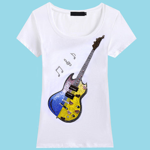 2017 Fashion New Short Sleeve T-shirts Plus Size Female t shirts Beading Print Top O-neck Women tshirts 72381