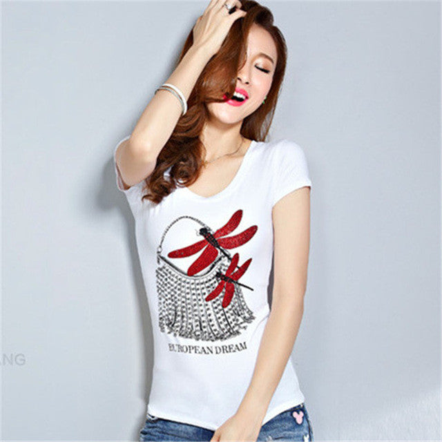 2017 Fashion New Short Sleeve T-shirts Plus Size Female t shirts Carton Print Top O-neck Women Diamond Bling tshirts 72370