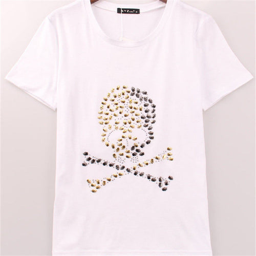 2017 Fashion New Short Sleeve T-shirts Plus Size Female t shirts Diamonds Skull tshirts Print Top O-neck Women tshirts 72444