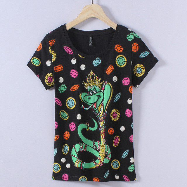 2017 Fashion New Short Sleeve T-shirts Plus Size Female t shirts Snake Letter Cartoon Top O-neck Women tshirts 72382