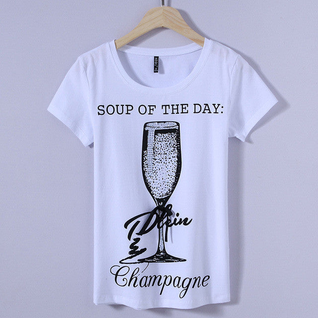 2017 Fashion New Short Sleeve T-shirts Plus Size Female t shirts Wine Glass Letter Print Top O-neck Women tshirts 72387