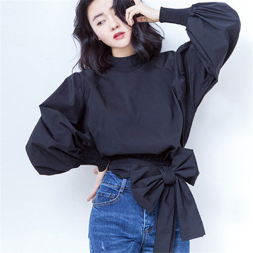 2017 Fashion New Summer Elegant Full Sleeve Blouse Women Plus Size Tops Solid Color Stand Shirt Sexy Blusas With Bow 72407