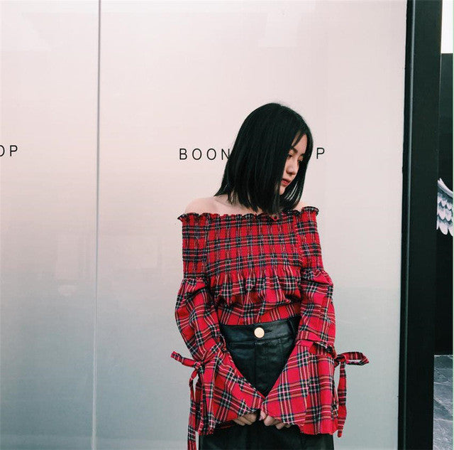 2017 Fashion New Summer Elegant Full Sleeve Blouse Women kawaii Tops Plaid Slash neck Shirt Sexy Blusas With Bow 72411