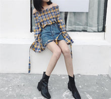 2017 Fashion New Summer Elegant Full Sleeve Blouse Women kawaii Tops Plaid Slash neck Shirt Sexy Blusas With Bow 72411