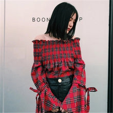 2017 Fashion New Summer Elegant Full Sleeve Blouse Women kawaii Tops Plaid Slash neck Shirt Sexy Blusas With Bow 72411