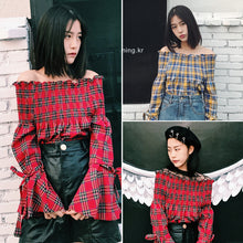 2017 Fashion New Summer Elegant Full Sleeve Blouse Women kawaii Tops Plaid Slash neck Shirt Sexy Blusas With Bow 72411
