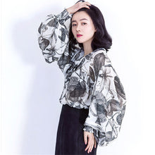 2017 Fashion New Summer Full Lantern Sleeve Blouse Women Plus Size Tops Chiffon Turn-down Shirt Print Blusas With Bow 72406