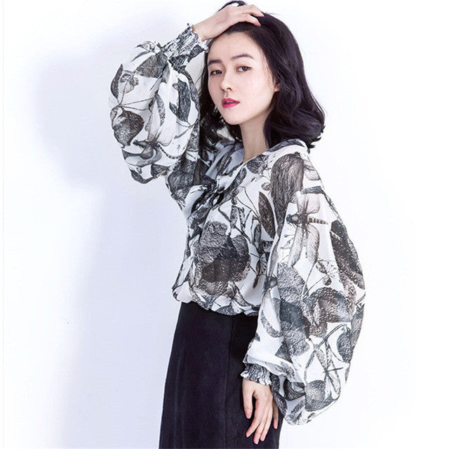 2017 Fashion New Summer Full Lantern Sleeve Blouse Women Plus Size Tops Chiffon Turn-down Shirt Print Blusas With Bow 72406