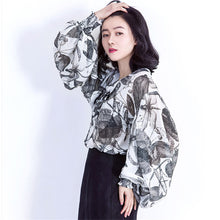 2017 Fashion New Summer Full Lantern Sleeve Blouse Women Plus Size Tops Chiffon Turn-down Shirt Print Blusas With Bow 72406