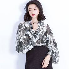 2017 Fashion New Summer Full Lantern Sleeve Blouse Women Plus Size Tops Chiffon Turn-down Shirt Print Blusas With Bow 72406