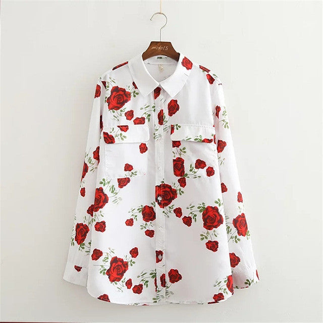 2017 Fashion New Summer Full Sleeve Blouse Women Plus Size Tops Casual Turn-down Shirt Floral Print Blasus With Button 72326