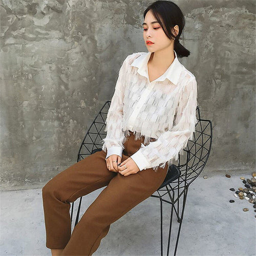 2017 Fashion New Summer Full Sleeve Blouse Women Plus Size Tops Casual Turn-down Shirt Tassel Blasus With Button 72313