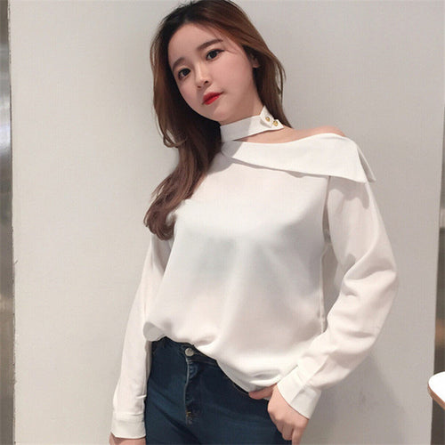 2017 Fashion New Summer Off Shoulder Full Sleeve Blouse Women Plus Size Tops Chiffon Turn-down Shirt Sexy Blusas 72405