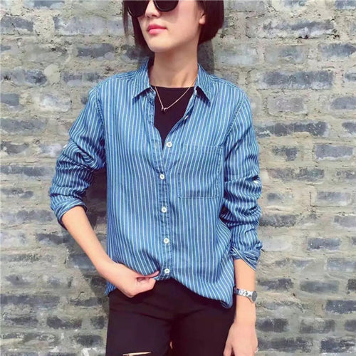 2017 Fashion New Summer Sleeve Blouse Women Plus Size Striped Tops Casual Turn-down Shirt Denim Blasus With Button 72311