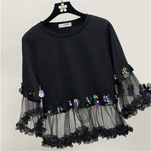 2017 Fashion New Three Quarter Sleeve T-shirts Plus Size Female t shirts Patchwork Lace Sequined Tops O-neck Women tshirts 72540