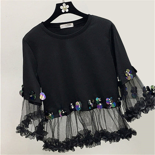 2017 Fashion New Three Quarter Sleeve T-shirts Plus Size Female t shirts Patchwork Lace Sequined Tops O-neck Women tshirts 72540