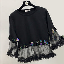 2017 Fashion New Three Quarter Sleeve T-shirts Plus Size Female t shirts Patchwork Lace Sequined Tops O-neck Women tshirts 72540