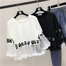 2017 Fashion New Three Quarter Sleeve T-shirts Plus Size Female t shirts Patchwork Lace Sequined Tops O-neck Women tshirts 72540