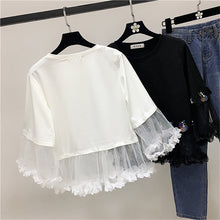 2017 Fashion New Three Quarter Sleeve T-shirts Plus Size Female t shirts Patchwork Lace Sequined Tops O-neck Women tshirts 72540