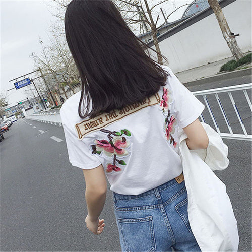 2017 Fashion Short Sleeve T-shirts Korean New Fashion Bird Flowers Embroidery T Shirts Casual t-shirt Women Tops Plus Size 72657