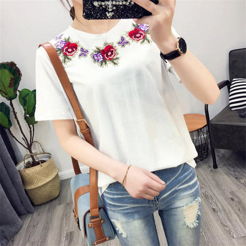 2017 Fashion Short Sleeve T-shirts New Fashion Sided Flowers Embroidery T Shirts Brief t-shirt Casual Women Tops Plus Size 72656