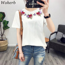 2017 Fashion Short Sleeve T-shirts New Fashion Sided Flowers Embroidery T Shirts Brief t-shirt Casual Women Tops Plus Size 72656