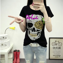 2017 Fashion Short Sleeve T-shirts Plus Size Female t shirts Skull Print tshirt Sequined O-neck Women Tops 72454