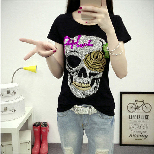 2017 Fashion Short Sleeve T-shirts Plus Size Female t shirts Skull Print tshirt Sequined O-neck Women Tops 72454