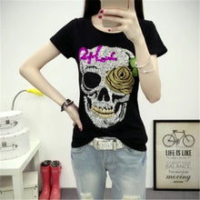 2017 Fashion Short Sleeve T-shirts Plus Size Female t shirts Skull Print tshirt Sequined O-neck Women Tops 72454