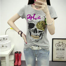 2017 Fashion Short Sleeve T-shirts Plus Size Female t shirts Skull Print tshirt Sequined O-neck Women Tops 72454