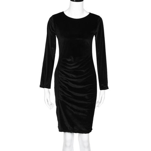 2017 Fashion Solid Women Dress Long Sleeve O Neck Autumn Plus Size S-3XL Vintage Office Bodycon Ladies Velvet Dresses #1205