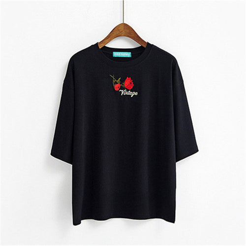 2017 Fashion Summer Short Sleeve T-shirts New Fashion Letter Rose Floral Embroidery T Shirts Casual Women Tops Plus Size 72653