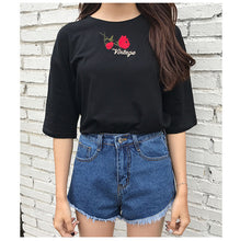 2017 Fashion Summer Short Sleeve T-shirts New Fashion Letter Rose Floral Embroidery T Shirts Casual Women Tops Plus Size 72653