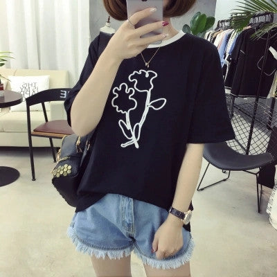 2017 Fashion Summer Short Sleeve T-shirts Plus Size Female T shirts Flower Letter Print Top O-neck Casual Women t shirt 72398