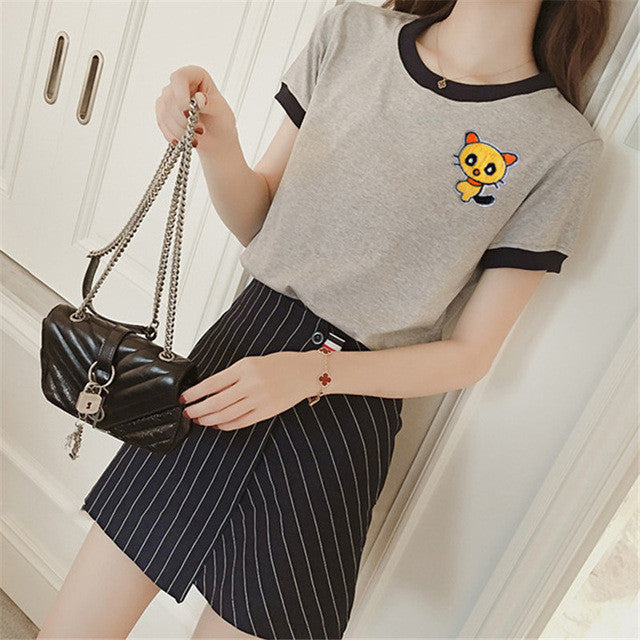 2017 Fashion Summer Sleeve T-shirts Plus Size Cute Female T shirts Cartoon Embroidery Top O-neck Women t shirt 72417